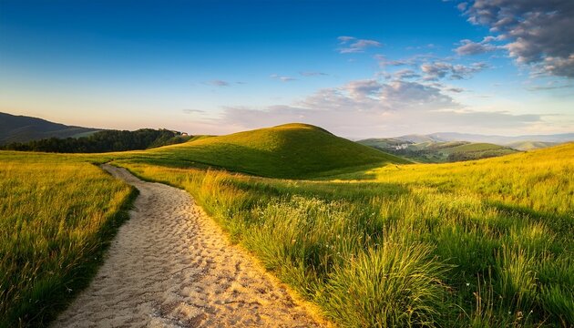 scenic winding path through a field of green grass at sunrice