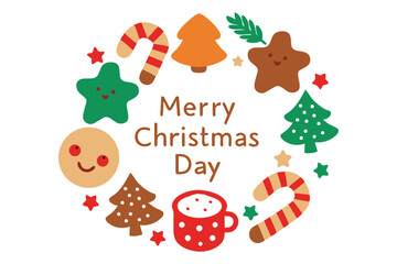 Naklejka premium Gingerbread, Candy Canes & Cocoa in Festive Circle – ‘Happy Christmas Day’ Top-Down Vector Design