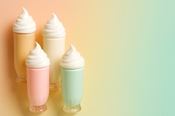 Collection of skincare bottles styled as milkshake glasses with whipped tops, upper left. Two-thirds open pastel gradient for text.