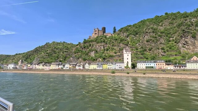 View from the Rhine to Katz Castle and Historic Town Tower in St. Goarshausen, Rhineland-Palatinate - Germany, Video