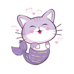 Cute cat mermaid kawaii cartoon illustration