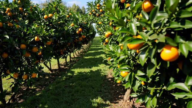 rows of lush orange trees filled with bright, ripe oranges glowing in warm sunlight, their leaves swaying gently in the breeze, capturing the essence of a fresh citrus harvest
