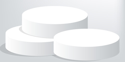 3D white cylindrical podium pedestal background with cube pedestal, Clean empty wall scene. Minimal mockup or abstract product display presentation, Stage showcase. Platforms vector geometric design