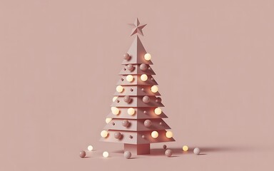 Minimalist Pink Christmas Tree with Lights and Ornaments on Pastel Background