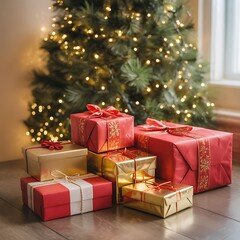 Christmas Gifts Wrapped in Red and Gold Under Decorated Tree with Holiday Lights