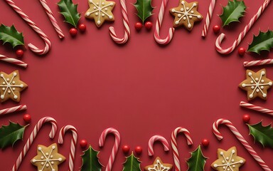Christmas Flat Lay Frame with Candy Canes, Gingerbread Cookies and Holly Leaves on Red Background