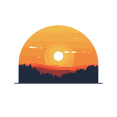 Minimalist Landscape Illustration of a Sunset Over Hills with Trees and Clouds in Warm Colors