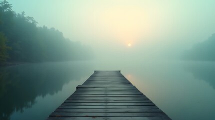 Misty dock scene. Serene landscape featuring a wooden dock extending into a calm lake, shrouded in fog. Ideal for themes of tranquility, nature, and reflection. Optimized for microstock marketplaces.