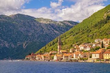 Beautiful Mediterranean landscape. Montenegro, Adriatic Sea. View of Bay of Kotor and ancient town...