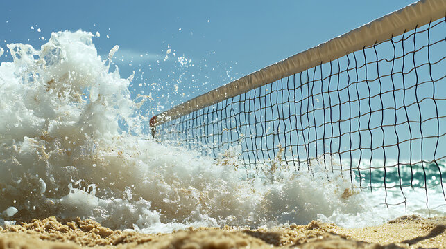Wave crashing over a beach volleyball net under a clear blue sky