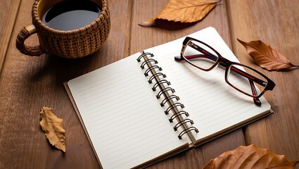 Autumn Still Life with Notebook, Glasses, and Coffee on Wooden Surface with Warm Earthy Tones
