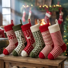 Colorful Christmas Knit Stockings Decorated Indoors with Warm Holiday Ambience