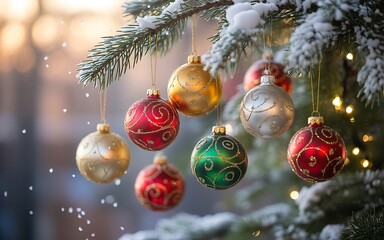 Colorful Christmas Ornaments Hanging on Snowy Tree Branch with Winter Lights