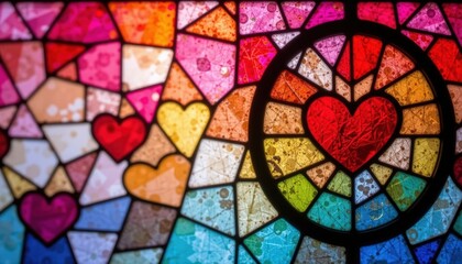 Colorful Heart Shaped Stained Glass Window Design Perfect for Valentine's Day or Love Themes