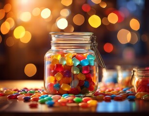 a glass jar filled with colorful candy sits on a table surrounded by scattered pieces the background features a blurred warm ambiance
