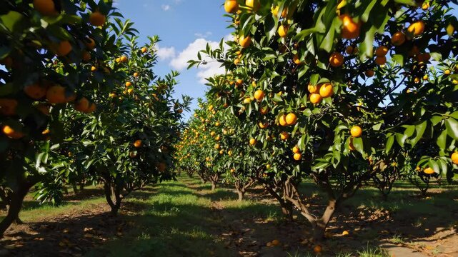 rows of lush orange trees filled with bright, ripe oranges glowing in warm sunlight, their leaves swaying gently in the breeze, capturing the essence of a fresh citrus harvest