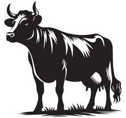 Fototapeta premium Detailed Black and White Stylized Cow Illustration Standing on Grass Farm Animal Vector Graphic Design Isolated White Background