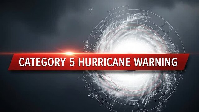 Category 5 Hurricane Warning lower third slides in over a storm radar animation with moving hurricane eye