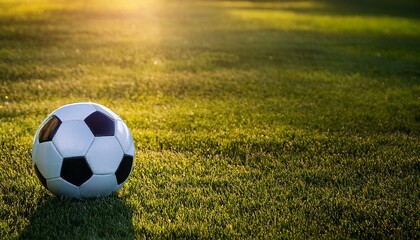 close up of a soccer ball resting on a green field with open space surrounding it for text overlay