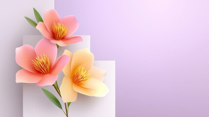 Obraz premium Soft pastel floral illustration with three blooming flowers and green leaves on minimalist geometric background, creating serene and elegant spring atmosphere