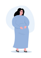 Pregnant woman feels pain, discomfort, holds her belly with her hands. Female is expecting a child. Vector flat graphics.