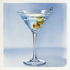Watercolour Illustration of a Glass of Martini in a Paper Texture Background