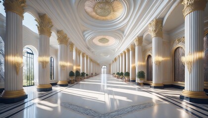 Fototapeta premium elegant columned hallway luxurious venue interior design bright atmosphere wide angle view opulent style