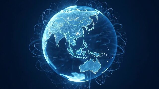 Cinematic shot of a holographic 3D globe suspended in soft blue light, slowly rotating with smooth particle trails and glowing countries - Powered by Adobe