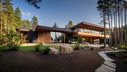 modern luxury home nestled in a forest