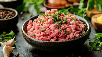 Freshly ground raw meat garnished with chopped green herbs, served in a dark ceramic bowl on a rustic kitchen surface.