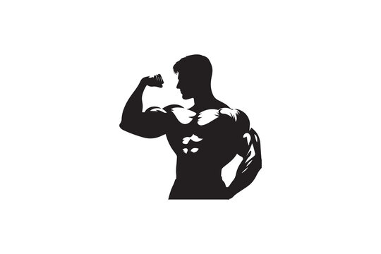 A black-and-white body builder against a white background in a straightforward and inconspicuous vector silhouette