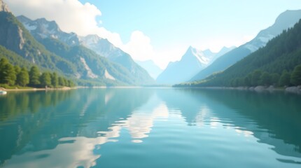 Fototapeta premium Serene mountain lake landscape. Ideal for travel, nature, and scenic backgrounds. Captures the beauty of nature.