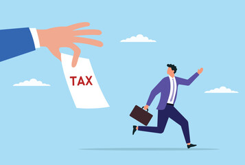 Obraz premium Vector illustration of a businessman running away from a giant hand holding tax documents, representing tax evasion, financial stress 