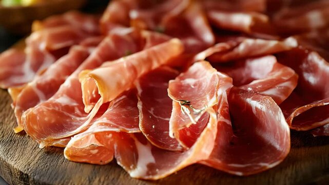 Delicate slices of cured ham arranged in folds on a rustic wooden board, ready to serve as an appetizer or charcuterie.
