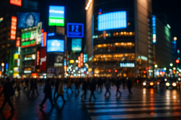 夜の渋谷スクランブル交差点、ネオンがぼけた幻想的な写真
Shibuya scramble crossing at night with glowing neon and blurred lights