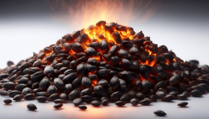a close up view of a mound of dark seeds with glowing embers creating a striking visual contrast against a light background