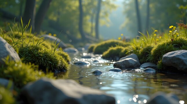 Lush moss and flora along a clear stream, ideal for nature, ecology, or environmental projects.