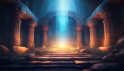 glowing light in ancient stone temple ruins mystical sacred energy fantasy art