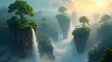 Enchanting landscape featuring floating islands with lush greenery and cascading waterfalls, perfect for fantasy or travel-related projects.