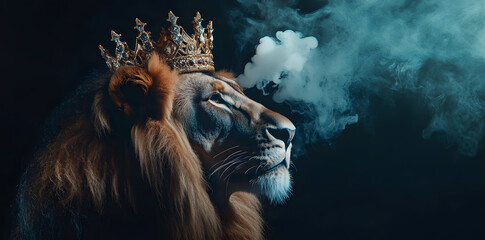 Majestic lion wearing ornate crown, exuding power and grace
