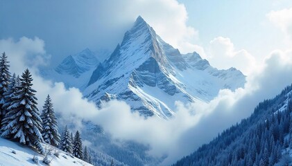 A majestic mountain range shrouded in a heavy snowstorm, with swirling snow obscuring the peaks and creating a dramatic, winter wonderland scene ,  mountain range,  cold weather,  peak