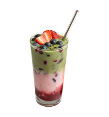 Strawberry and blueberry matcha iced latte with metal straw isolated on a transparent background png drinks design