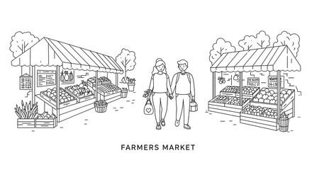 Farmers Market Scene with Vendors and Shoppers in Outdoor Setting