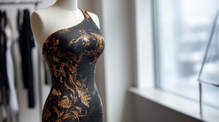 Elegant one-shoulder dress display on mannequin in fashion boutique