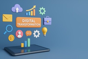 Colorful Icons Representing Digital Transformation in a Modern Business Environment on Blue Background