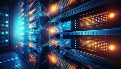 a close up of a server stack with ai and blockchain data processing lights