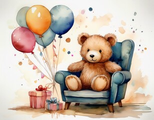 cute watercolor illustration of a teddy bear in a chair with balloons perfect for birthday cards