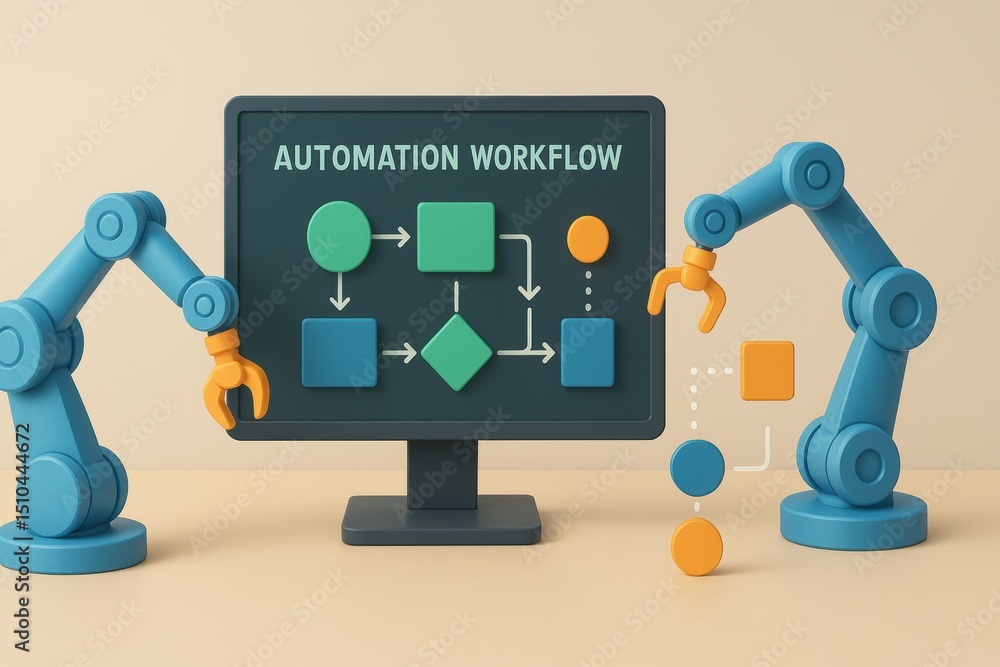 Poster robotic arms and computer monitor displaying automation workflow diagram with colorful shapes