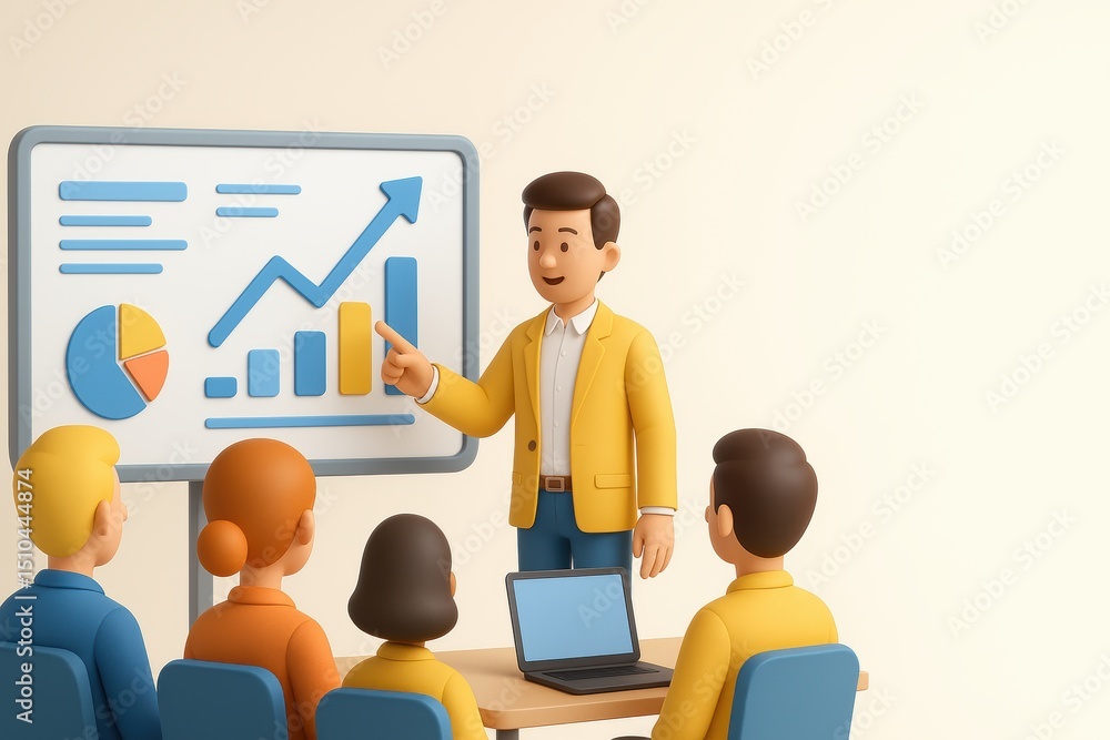 Poster business presentation with animated characters discussing graphs and charts in office setting