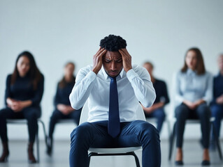 Worried businessman feeling stressed while waiting for job interview with other candidates in office lobby